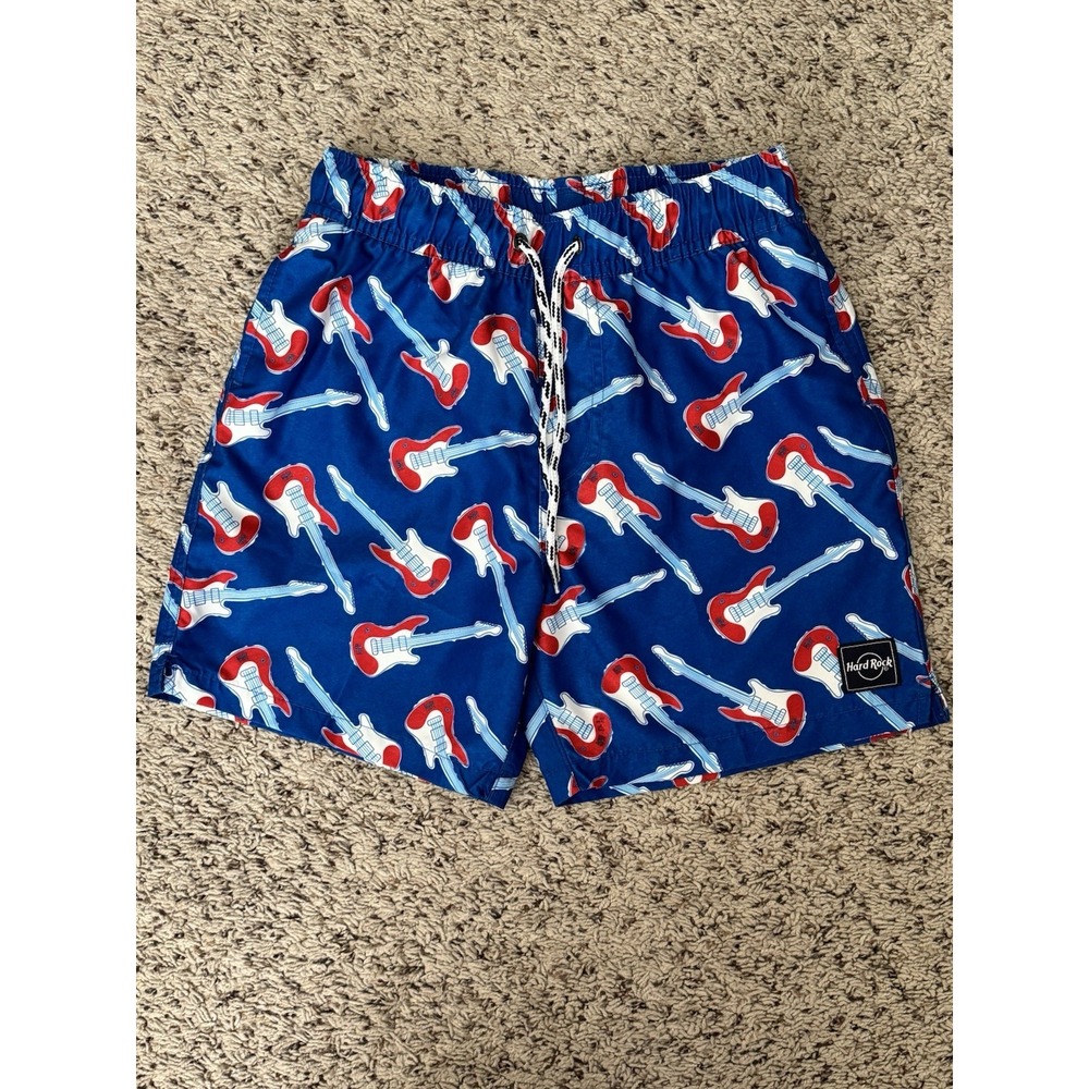 Hard Rock Cafe Swim Trunks Boys Size 10 Blue with Guitars Mesh‎ Lined